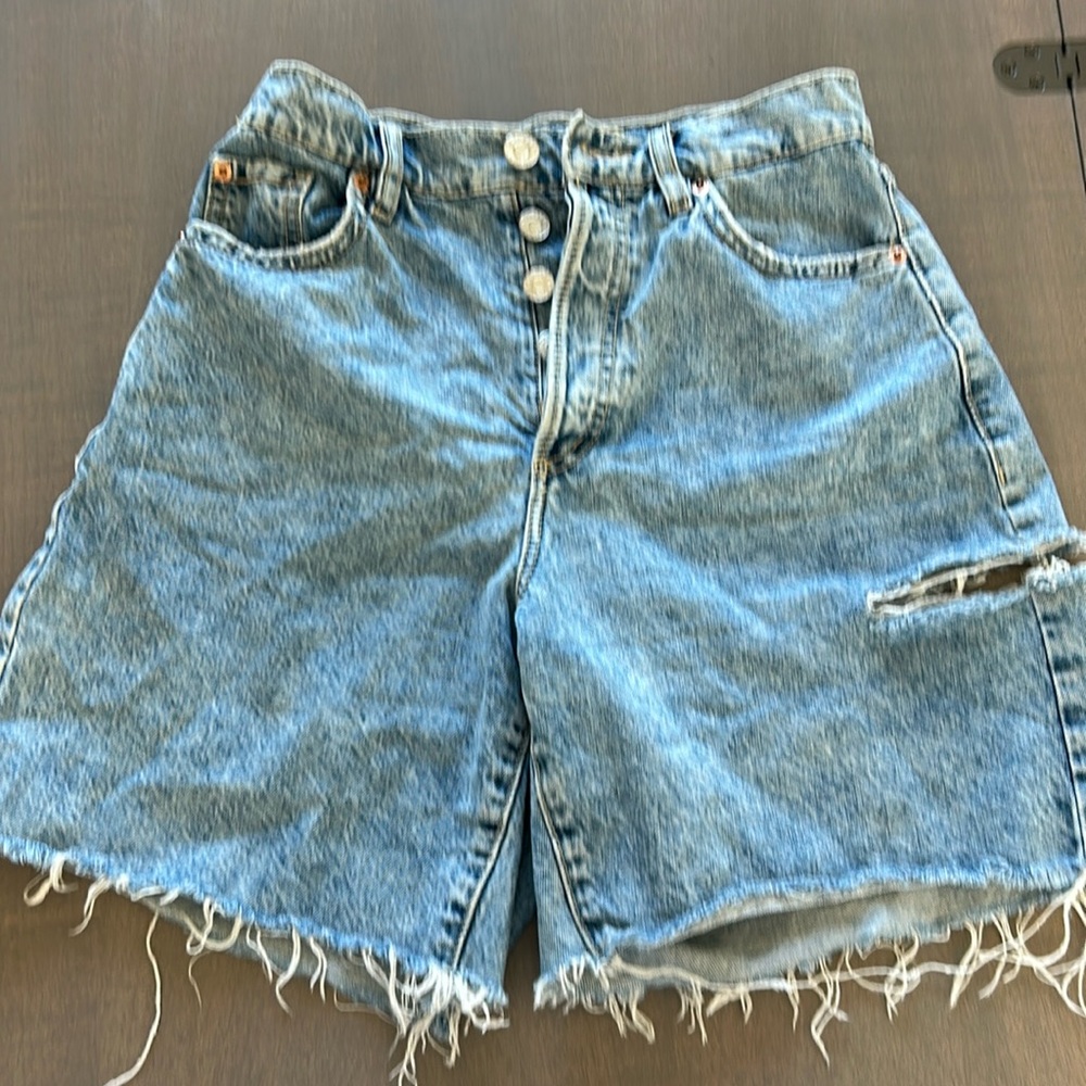 Long denim shorts button fly with slit in outer left leg